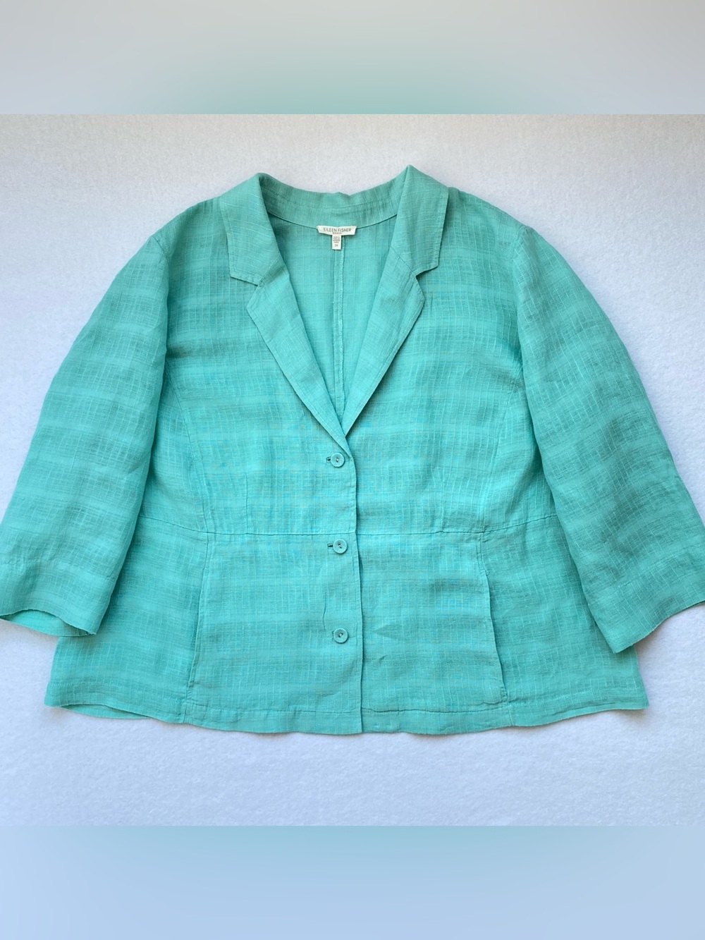Eileen Fisher Womens Blazer Jacket 100% Linen 3/4 Sleeve 3 Button Mint Green 3XL